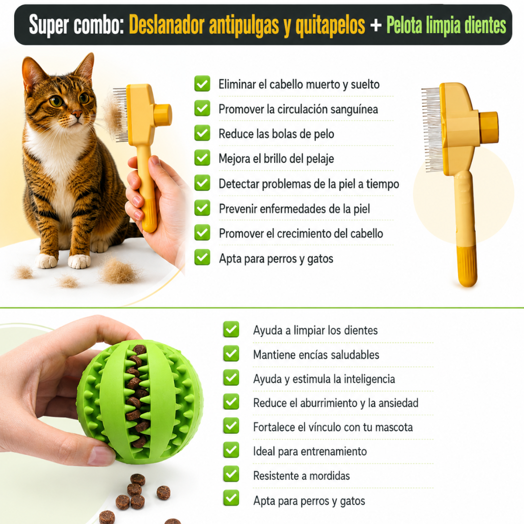 Deslanador Profesional para Mascotas con Botón de Liberación + Pelota Limpia Dientes